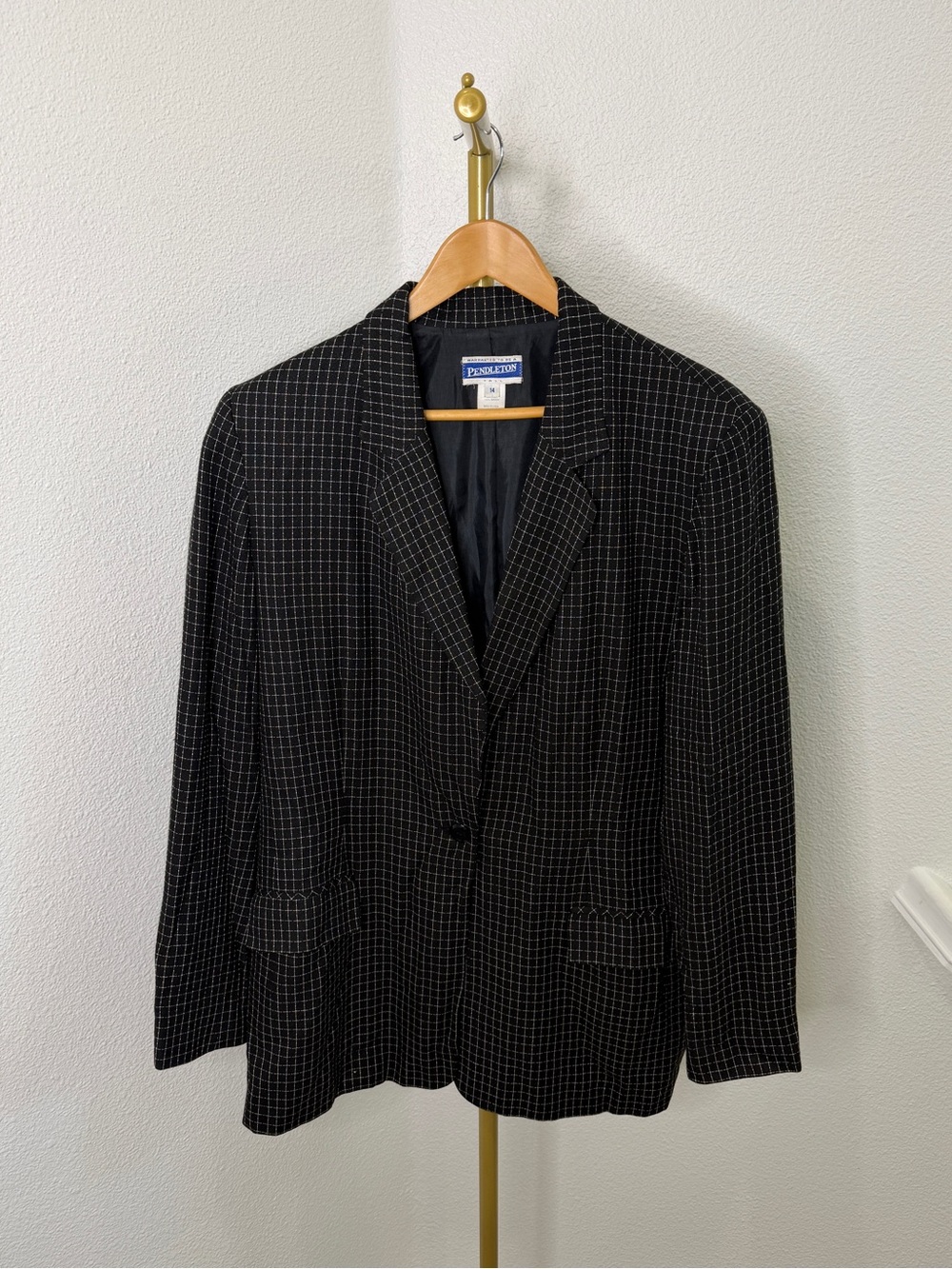 VTG Pendleton Wool Grid Blazer Jacket Black White Plaid Academia Size 14 Tall US